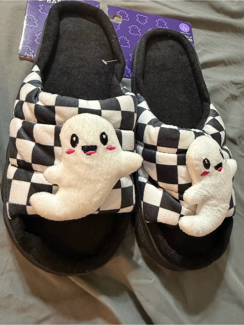 Womens Black & White Checker Plush Ghost Slip-On Slippers
